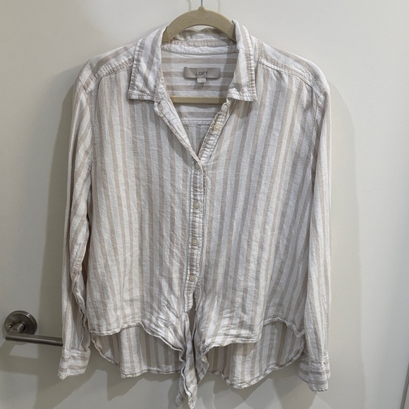 LOFT Tops - LOFT Beige and White Striped Button-Down Tie-Hem Shirt